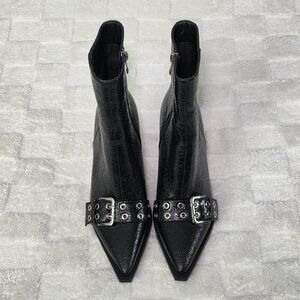 YODEKS Pointed Toe Stiletto Ankle Boot Buckle Black/Silver Hardware Size9 BNWOB